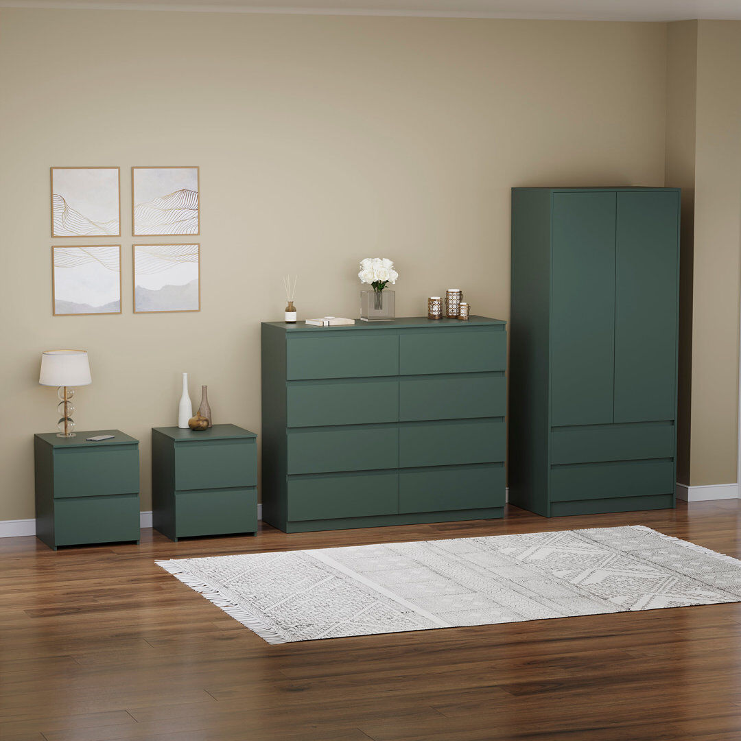 17 Stories Tanino 4 Piece Bedroom Set (2 Drawer Large Bedside Chest X2, 8 Drawer Chest, 2 Door 2 Drawer Wardrobe) Green