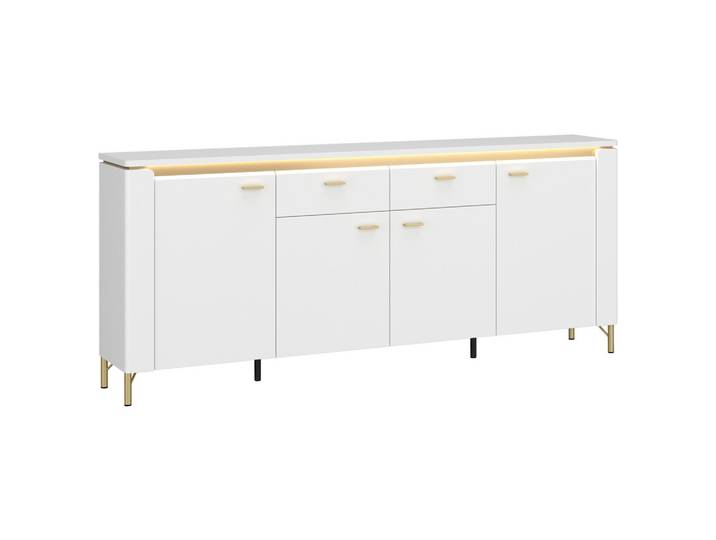 Sideboard LAZIO 200,3/87,3/40 cm Weiss, Goldfarben, Weiss Hochglanz