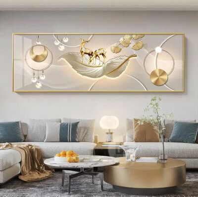 Inspire Essentials Golden Deer Canvas Wall Art With Chinese Style Feng Shui Design 2 40x120cm No Frame
