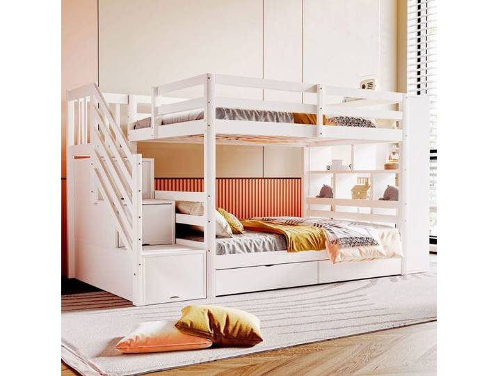 Lit superposé enfant - SOGEU - Lit Superposé Enfant 90x200cm - Escalier rangement - Tiroirs & armoire - Bois pin blanc