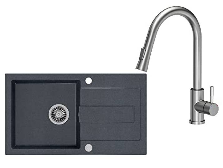 VBChome Spülbecken Schwarz mit Armatur 78 x 45 cm Granit Einzelbecken Einbauspüle Gesprenkelt Reversibel Modern Verbundspüle + Siphon Waschbecken Armaturen mit schwenkbarem und ausziehbarem Auslauf