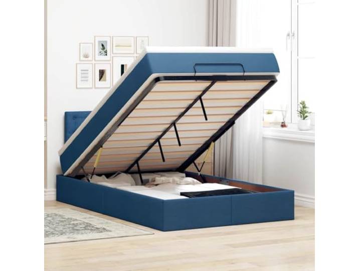 RJPLMFV Ottoman-Bett mit Matratze, blau, 120 x 200 cm, Polyestergewebe Hydraulische Aufbewahrung unter dem Bett, Taschenfedern, abnehmbarer Topper, Lattenrost-Design