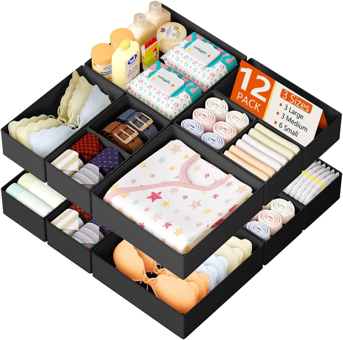 Thijox 12 stuks Kledinglade-Organizer Set - Opvouwbare Stoffen Ladeverdelers voor Inloopkasten, Badkamer en Studeerkamer
