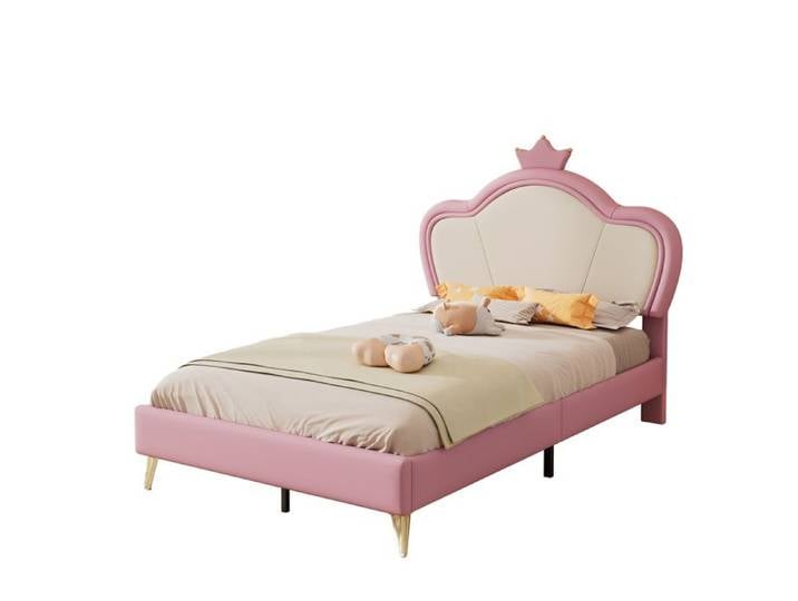 Polsterbett für Kinder 90x200cm in Rosa Weiß mit gepolstertem Kopfteilprofil weichen Schutzkanten und Metallfüßen