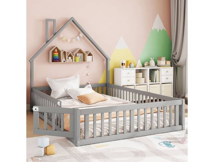 Lit enfant cabane 140x190cm - Bois de pin massif - Barrière de sécurité - Design cheminée - Certifié EN747