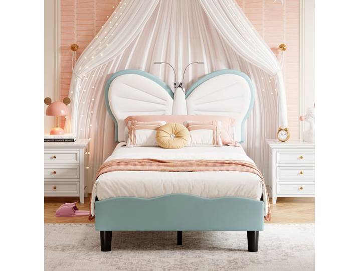 Lit enfant - EIFSON - 90x200 cm - Tête de lit papillon - LED intégrée - Velours bleu