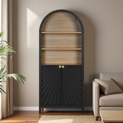 ZWYO HOSIMU "61.22""H Arched 5-Tier Bookcase with Storage and Door, Wooden Bookshelf with Radial Pattern Design and Metal Frame"