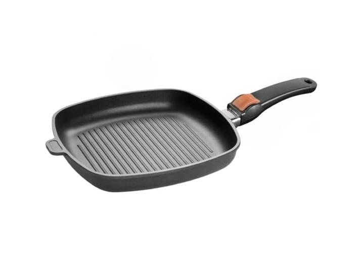 SKK viereckige Grillpfanne 26x26 cm - induktionsgeeignet - flache eckige Antihaft Steakpfanne gerippter Boden & abnehmbarer Griff - Made in Germany