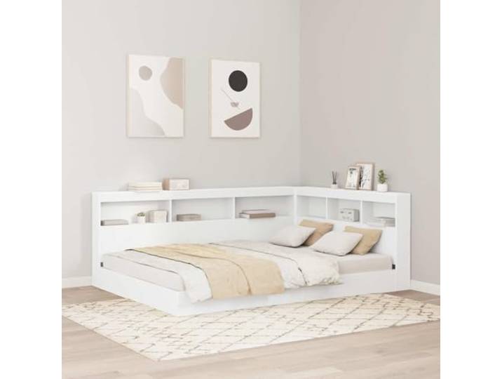 LPERTGFHU Kopfteil mit Ladestation, Stauraum-Regal, Holzwerkstoff, Weiß Integrierte Steckdosen, Viel Ablagefläche, Minimalistisches Design, L-Form