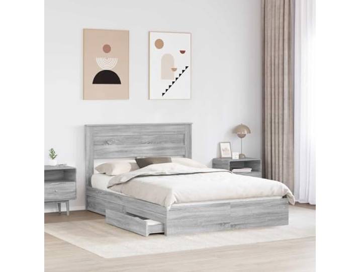 KTHLBRH Boxspringbett Grau Sonoma 140 x 200 cm Technisches Holz, mit Schubladen, Lattenrost, Kopfteil inklusive