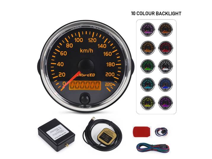 Compteur de vitesse GPS universel W124 12V 24V 85mm 220km/h avec écran LCD blanc/ambre pour voiture, camion, bateau
