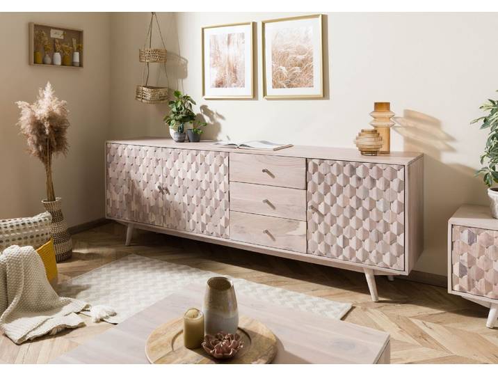 Sideboard Akazie 210x42x75 weiß lackiert MOSAYK #209