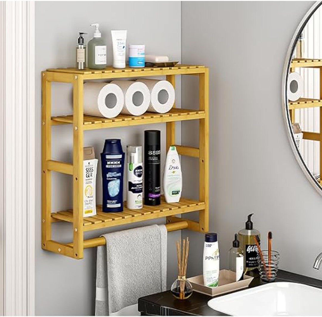 Latitude Run Bathroom Shelf Storage Adjustable Bamboo shelf ,3-Tier Over Toilet Rack Bathroom Organizer Natural 42.7cm H X 42.2cm W X 15cm D