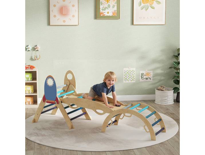 AIYAPLAY Triangle Escalade Bois 7-en-1 Fusée avec Rampe Bleu
