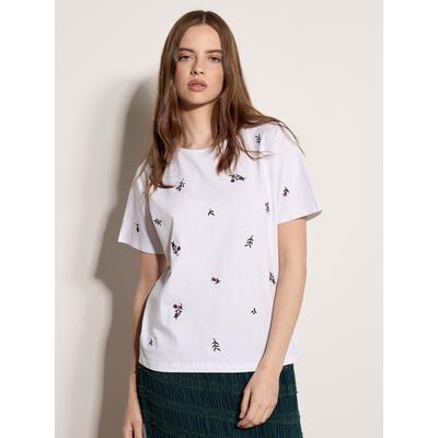 T-Shirt APRICOT "Floral besticktes Baumwoll-Shirt", Damen, Gr. XL (42), weiß, gewebt, Obermaterial: 94% Baumwolle CO. 6% Elasthan EL., uni, Modisch, Normale Länge, Ärmelbündchen, Shirts T-Shirt