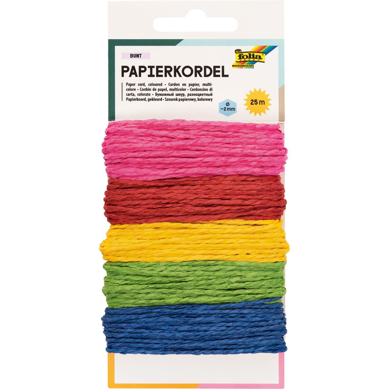 folia Kordel Papier farbig rauh pink, rot, gelb, grün, blau, 3,0 mm x 5x 5,0 m