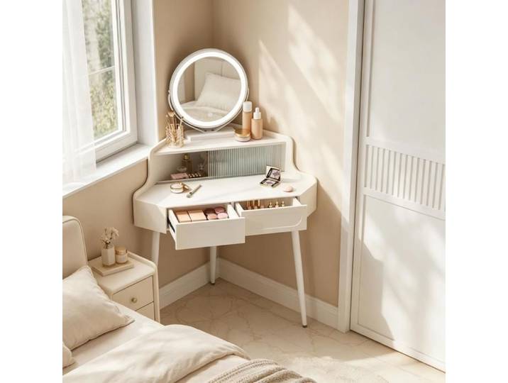 Coiffeuse - ZEVKOR - Coiffeuse d'Angle - 2 tiroirs - Miroir rond réglable - MDF blanc