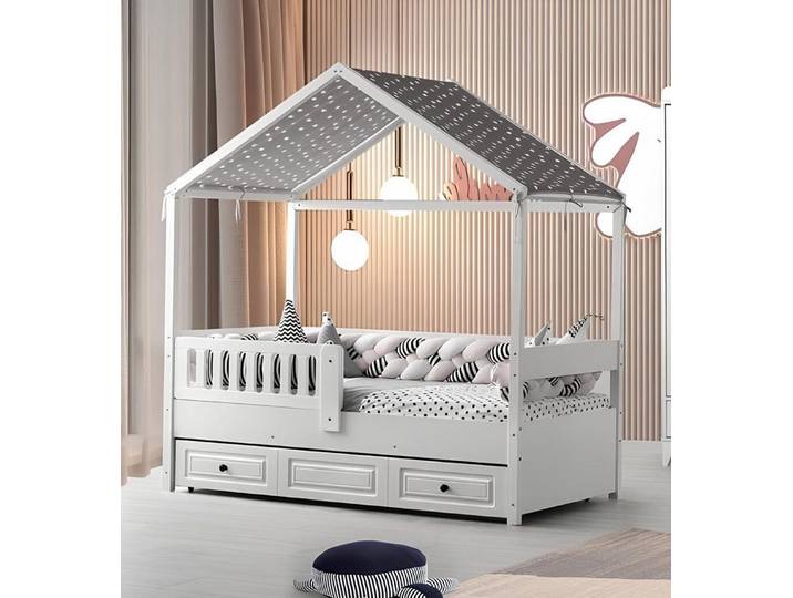 JVmoebel Kinderbett Ausziehbares Holzbett in Weiß mit praktischer Schublade (1-tlg., 1x Bett)