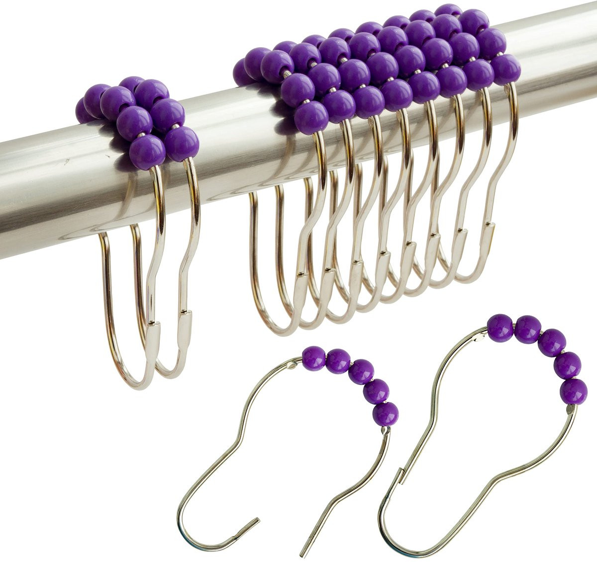 12 stuks Douchegordijnringen met acryl rollenkogels in violet