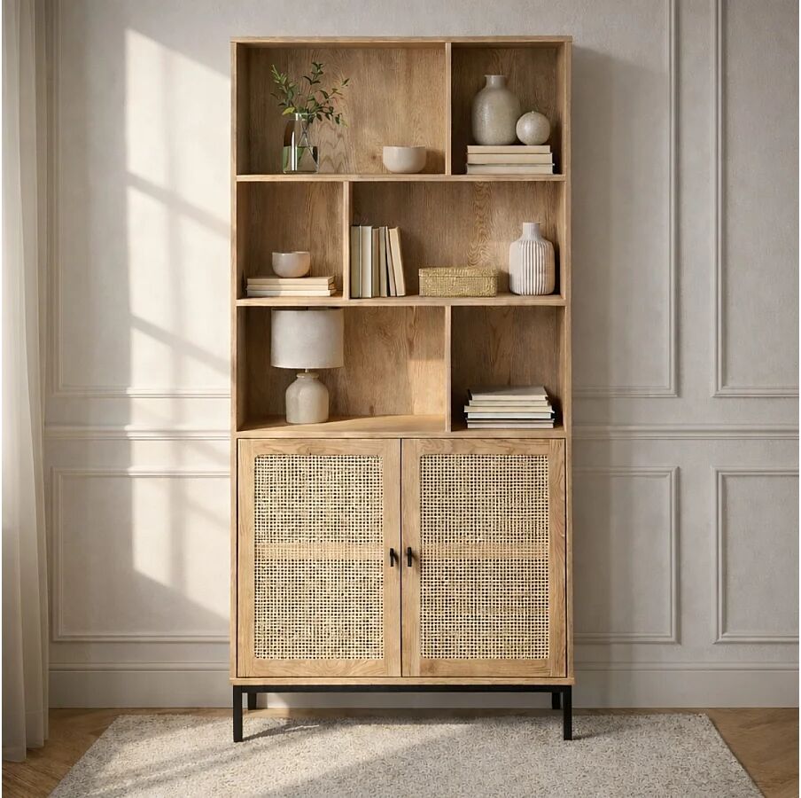 Calicosy Boekenkast - 6 Vakken en 2 Deuren - Natuurlijk Rotan - L80 x H175 cm - JAYA