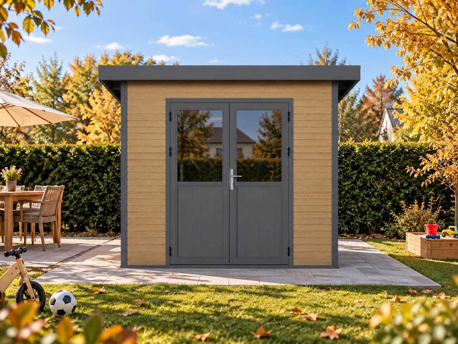 Linholm WPC Gartenhaus Linia 2424 inkl. Dachrinnen-Set, Natur-Beige/Anthrazit
