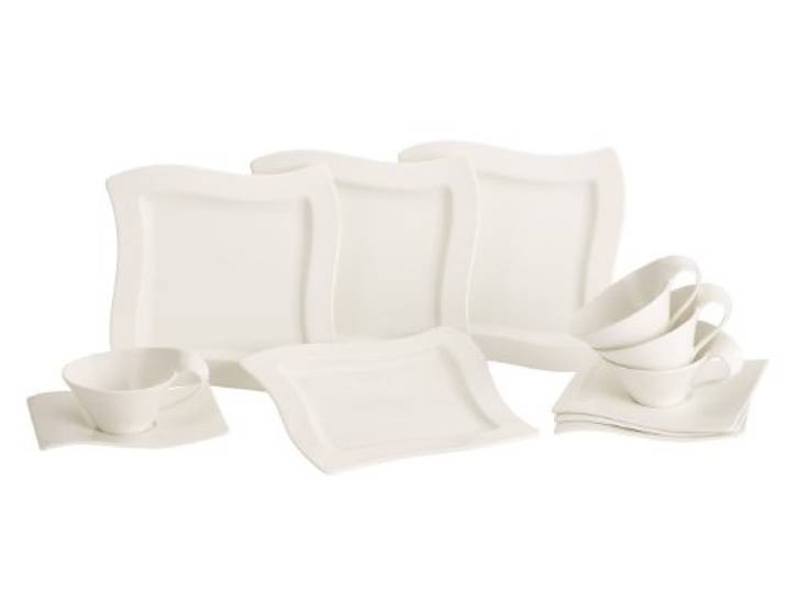 Villeroy & Boch NewWave Teeservice 12-teilig, Tee-Set für 4 Personen, Tasse mit Untertassen und Tellern, Modernes Geschirr im Wellen-Stil, Premium Porzellan, Weiß