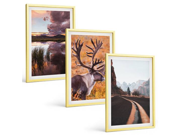 Tulup Bilder SET 3er Set - 40x60 cm Goldrahmen - Berglandschaften mit Rentieren, Goldfarben, Kunststoff, Rechteckig, 40x60 cm, einfache und schnelle Anbringung, Bilder & Rahmen, Bilder