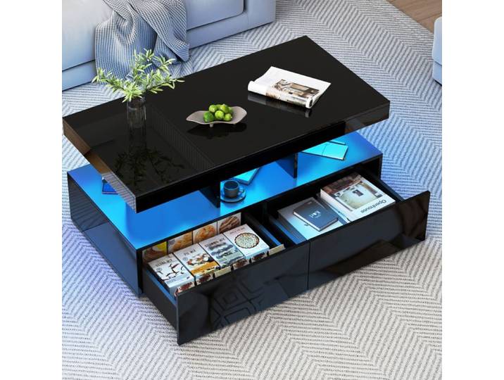 table basse noir brillante avec 2 tiroirs table d'appoint noir avec led table basse moderne salon avec 2 tiroirs coffee table