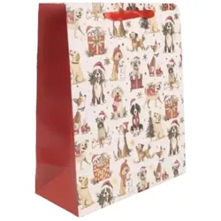Geschenktüte mit Hunden in Weihnachtsmützen-Muster - 26 x 32 cm