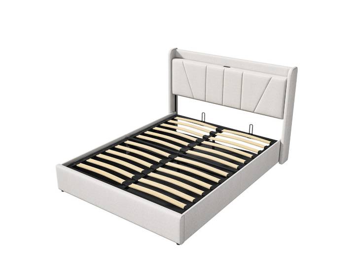 Shopentra Bett 160x200cm leinenbezug gasdruck usb typ-c Beige, Metall, Schlafzimmer, Betten