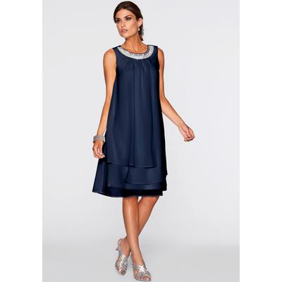Chiffonkleid BONPRIX, Damen, Gr. 54, N-Gr, ohne Ärmel, blau (dunkelblau), Obermaterial: 100% Polyester. Futter: 100% Polyester, festlich, loose fit, Kleider Chiffonkleid, festliches Kleid, mit Strassstein-Applikation, aus Chiffon