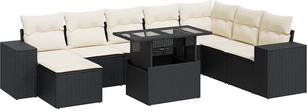 Modulare Garten-Sofagarnitur 9-teilig, Poly Rattan Schwarz, höhenverstellbarer Tisch, Stauraum, UV-beständig, Kissen Cremeweiß, abnehmbare Bezüge