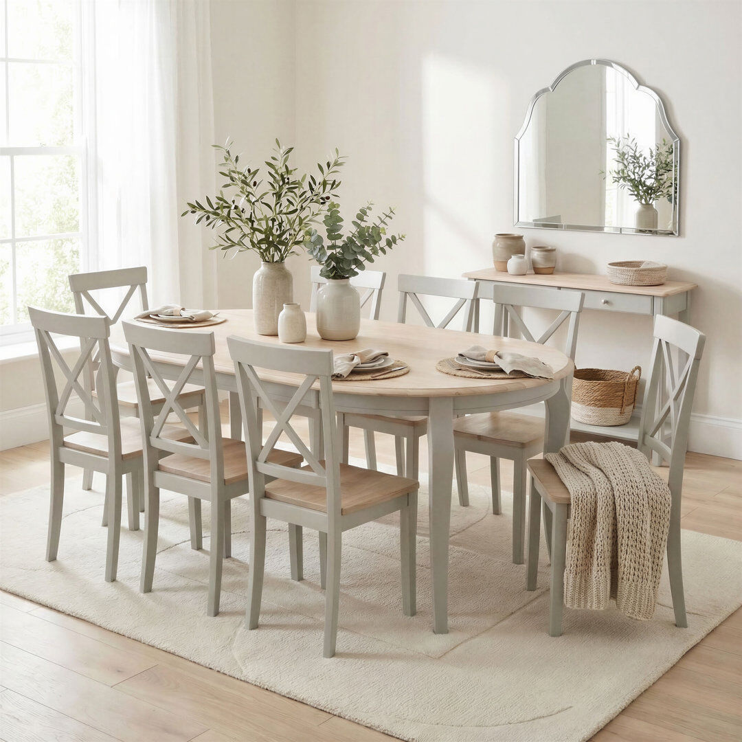 Canora Grey Newtort Whitewashed Oval Solid Wood Dining Table With 8 Light Grey Shannondale Chairs Brown