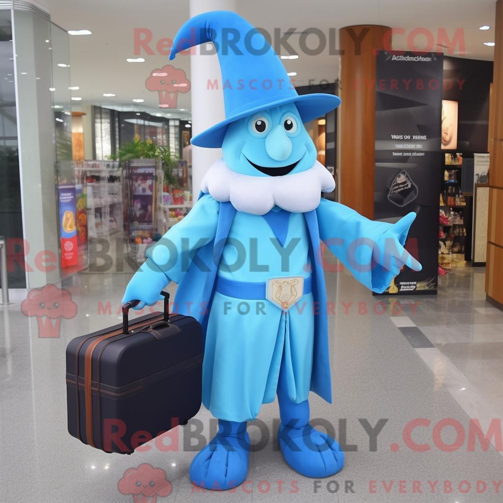Maskottchen REDBROKOLY eines himmelblauen Zauberers mit Oberhemd und Aktentasche