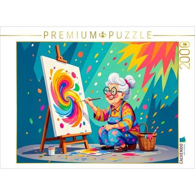 CALVENDO Puzzle Oma malt buntes abstraktes Bild mit Pinsel begeistert | 2000 Teile Lege-Größe 90x67cm Foto-Puzzle für glückliche Stunden