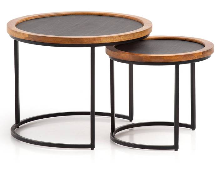 Wohnling Couchtisch 2er Set Mango Massivholz Rund Metallgestell Modern Braun Anthrazit 60x60x46 cm