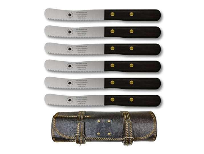 Solingen Messer 6er Set mit Wellenschliff inkl. hochwertiger Ledertasche, edler Holzgriff, Premium Buckelmesser, Frühstücksmesser, Brötchenmesser, rostfreie Klinge, extra scharfes Küchenmesser