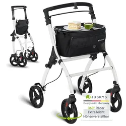 Juskys Aluminium Wohnungsrollator Aktiv - Tasche & Tablett - Rollator schmal & faltbar - Weiß
