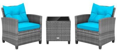 Costway 3 Pieces Outdoor Wicker Conversation Set with Tempered Glass Tabletop-Turquoise
