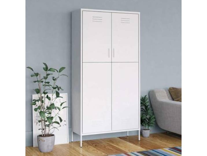 Kleiderschrank Weiß 90x50x180 cm Stahl 4 verstellbare Einlegeböden, Fach mit Kleiderstange, Mehrzweck, leicht zu reinigen