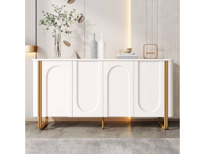 DUlVBPE Sideboard Anrichte MDF Eisenfüße 4 Türen Bogenrelief abgerundete Ecken Push-to-Open gestaffelter Stauraum Wohnzimmer