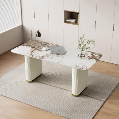 OSFEI "63"" Modern White 2‑in‑1 Dining Writing Table, Glossy Sintered Stone Top, Double Roman Column Legs"