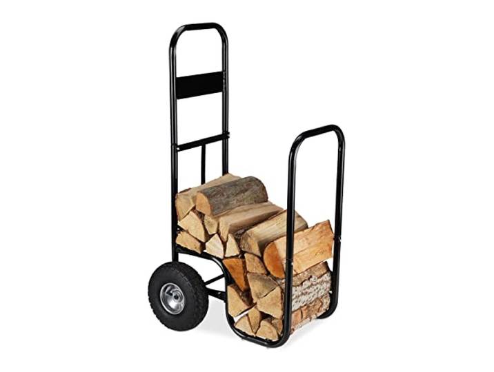 Relaxdays Kaminholzwagen, Brennholzwagen aus Stahl, schwarz mit 2 Luftreifen, bis 60 kg, Holztransport & -aufbewahrung