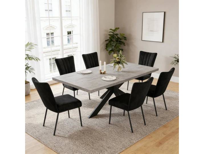 JIEXI Ensemble table de salle à manger extensible avec 6 chaises chaises rembourrées en flanelle noire pour cuisine