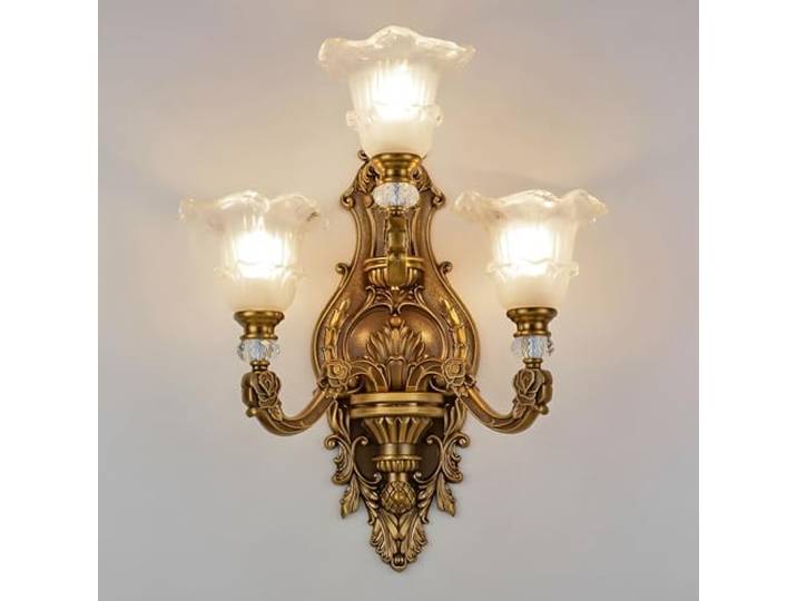 WayLuoung Vintage Floral Wandleuchte, 3 Kopf Kristallglasschirm Wandleuchte Retro-Goldene Bronzefarbe Dekoration Metall-Wandleuchte, Nachttisch Wohnzimmer Restaurant Treppen(E14 Sockel Ohne Glühbirne)