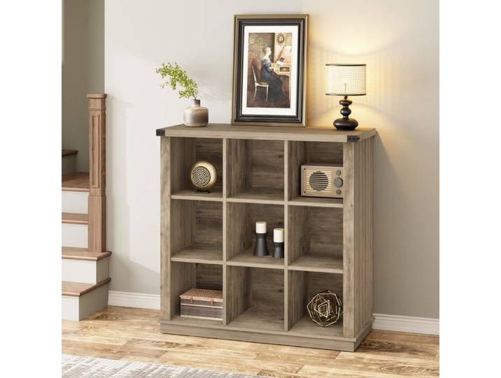 Bibliothèque 9 cubes Meuble de rangement pour bureau style campagne pour livres et accessoires Gris rétro