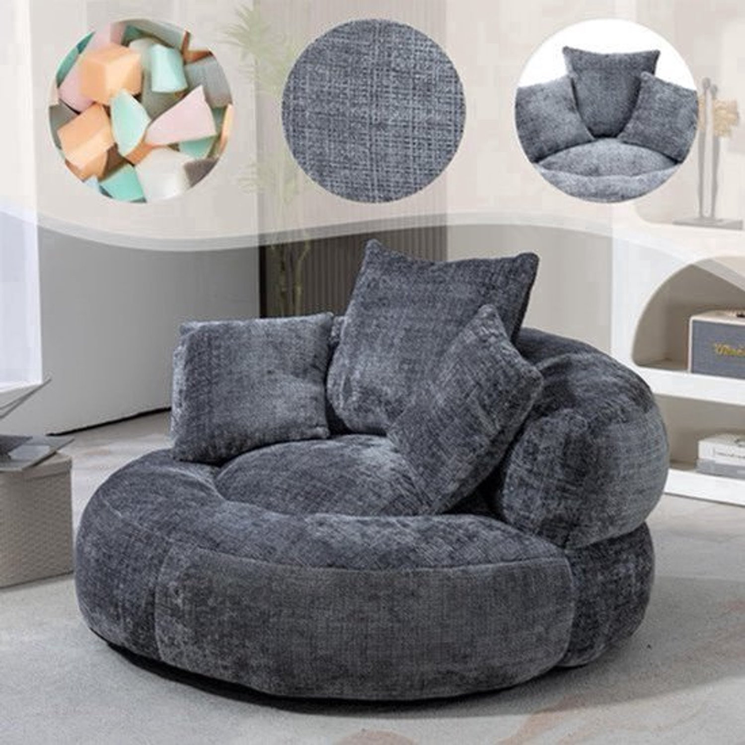 Lazy Sofa Zitzak Lounger Gaming Stoel met 3 kussens in Chenille stof
