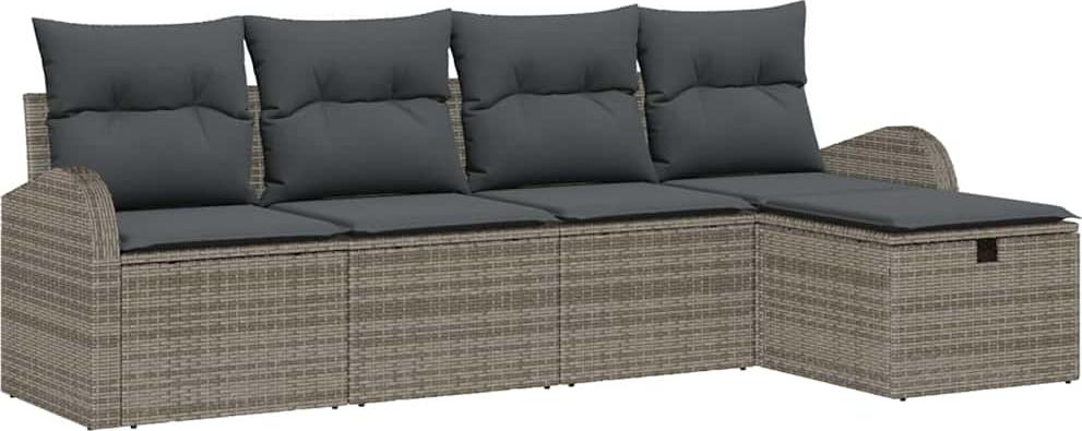Modulares Garten-Sofa-Set, 5-teilig mit Stauraum, höhenverstellbarem Tisch, Poly Rattan & Akazienholz, Grau, für 5 Personen