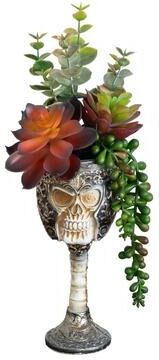 Nearly Natural 11-in Artificial Halloween Succulent Garden in Skull Chalice Planter