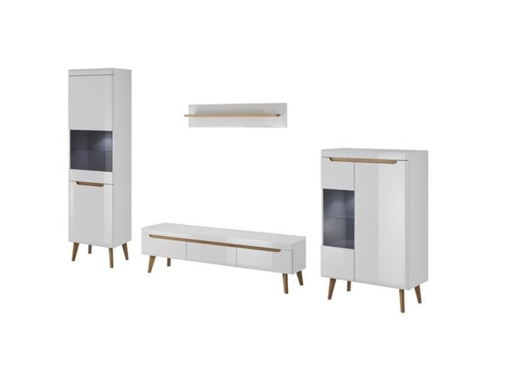 Sepro Meble Wohnwand Weiß Riviera Eiche Nordan Mit Led, 305x197x40 cm, Wohnzimmer, Wohnwände